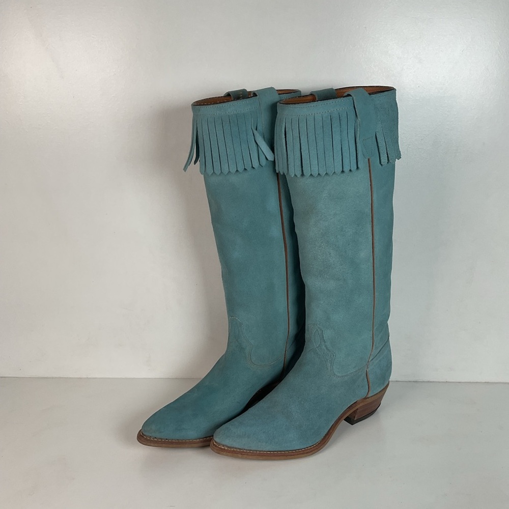 Vintage Wrangler Fringe Cowgirl Boots | Suede | Baby Blue | Women’s 6.5 M